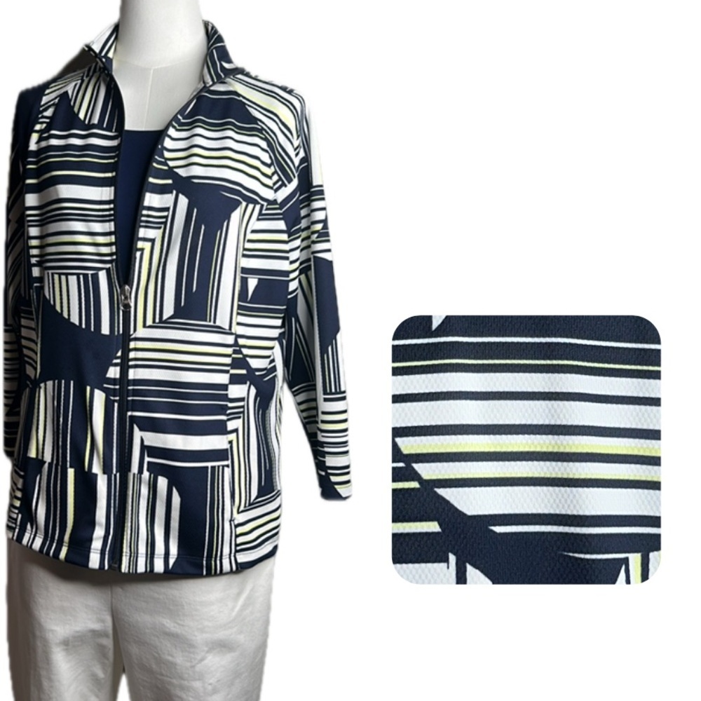 WEEKENDS By Chico’s Navy Linear Dot Striped Knit Wrinkle Free Zip Front Jacket M